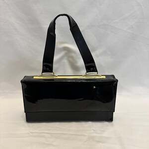 Vintage Black Patent Leather Handbag, 1960s Single Handle, Gold Element